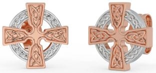 Rose Gold Silver Celtic Cross Stud Earrings