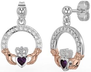 Diamond Alexandrite Rose Gold Silver Claddagh Dangle Earrings
