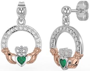 Diamond Emerald Rose Gold Silver Claddagh Dangle Earrings