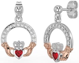 Diamond Ruby Rose Gold Silver Claddagh Dangle Earrings