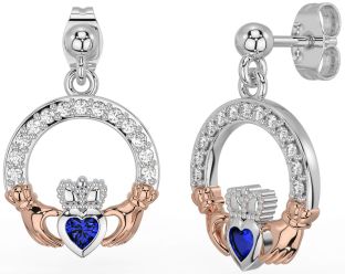 Diamond Sapphire Rose Gold Silver Claddagh Dangle Earrings