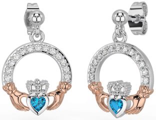 Diamond Topaz Rose Gold Silver Claddagh Dangle Earrings
