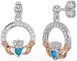 Diamond Topaz Rose Gold Silver Claddagh Dangle Earrings