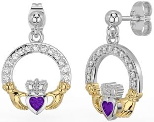 Diamond Amethyst Gold Silver Claddagh Dangle Earrings