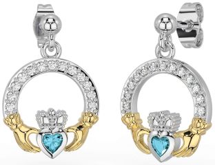 Diamond Aquamarine Gold Silver Claddagh Dangle Earrings