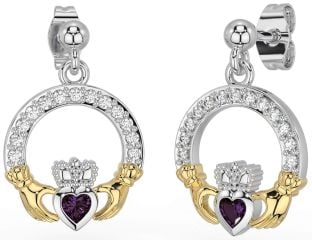 Diamond Alexandrite Gold Silver Claddagh Dangle Earrings
