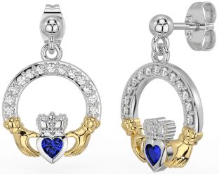 Diamond Sapphire Gold Silver Claddagh Dangle Earrings