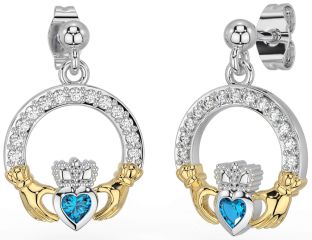 Diamond Topaz Gold Silver Claddagh Dangle Earrings