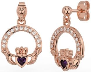 Diamond Alexandrite Rose Gold Silver Claddagh Dangle Earrings