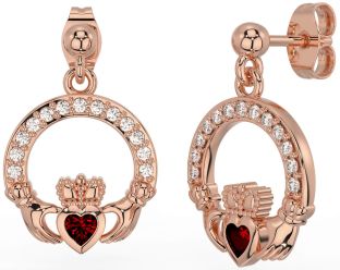 Diamond Garnet Rose Gold Silver Claddagh Dangle Earrings