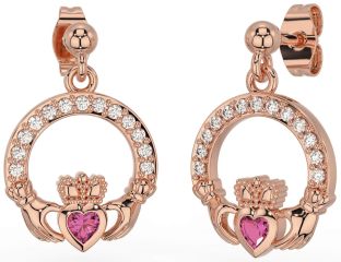 Diamond Pink Tourmaline Rose Gold Silver Claddagh Dangle Earrings