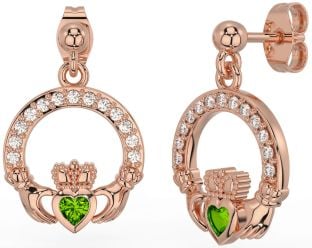 Diamond Peridot Rose Gold Silver Claddagh Dangle Earrings