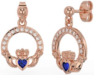 Diamond Sapphire Rose Gold Silver Claddagh Dangle Earrings