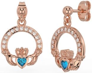 Diamond Topaz Rose Gold Silver Claddagh Dangle Earrings