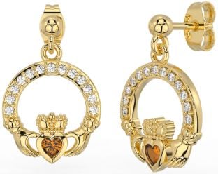 Diamond Citrine Gold Silver Claddagh Dangle Earrings