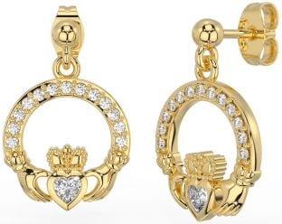 Diamond Gold Silver Claddagh Dangle Earrings