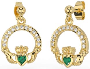 Diamond Emerald Gold Silver Claddagh Dangle Earrings