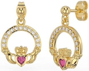 Diamond Pink Tourmaline Gold Silver Claddagh Dangle Earrings