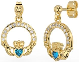 Diamond Topaz Gold Silver Claddagh Dangle Earrings