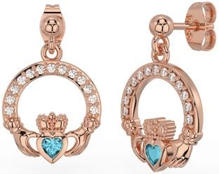 Diamond Aquamarine Rose Gold Claddagh Dangle Earrings