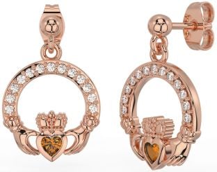 Diamond Citrine Rose Gold Claddagh Dangle Earrings