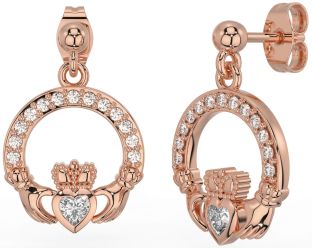 Diamond Rose Gold Claddagh Dangle Earrings
