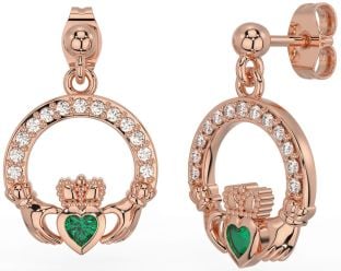 Diamond Emerald Rose Gold Claddagh Dangle Earrings