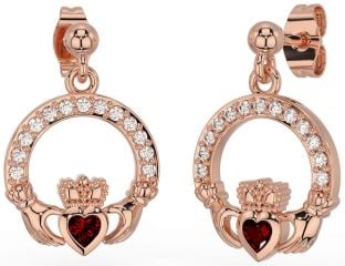 Diamond Garnet Rose Gold Claddagh Dangle Earrings