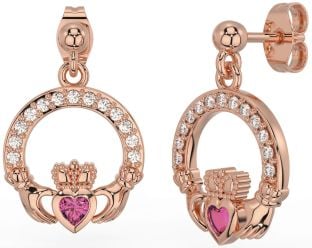 Diamond Pink Tourmaline Rose Gold Claddagh Dangle Earrings