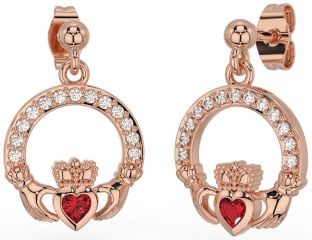 Diamond Ruby Rose Gold Claddagh Dangle Earrings