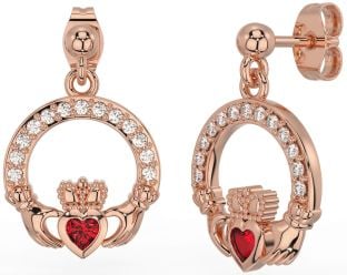 Diamond Ruby Rose Gold Claddagh Dangle Earrings