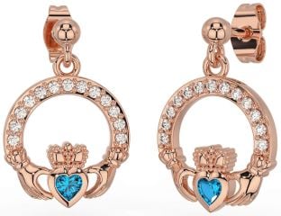 Diamond Topaz Rose Gold Claddagh Dangle Earrings