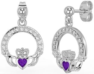 Diamond Amethyst Silver Claddagh Dangle Earrings