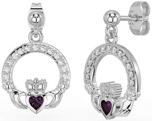 Diamond Alexandrite Silver Claddagh Dangle Earrings