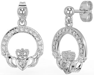Diamond Silver Claddagh Dangle Earrings