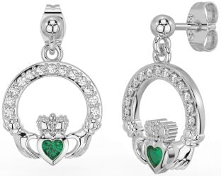 Diamond Emerald Silver Claddagh Dangle Earrings
