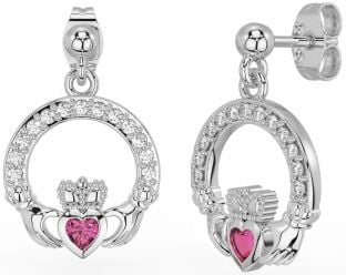 Diamond Pink Tourmaline Silver Claddagh Dangle Earrings