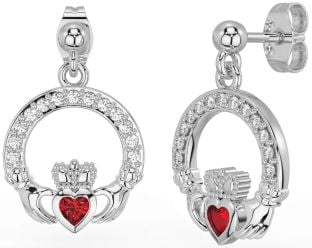 Diamond Ruby Silver Claddagh Dangle Earrings