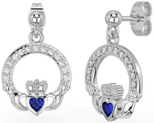 Diamond Sapphire Silver Claddagh Dangle Earrings