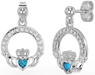 Diamond Topaz Silver Claddagh Dangle Earrings