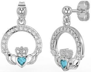Diamond Aquamarine White Gold Claddagh Dangle Earrings