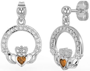 Diamond Citrine White Gold Claddagh Dangle Earrings