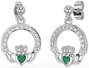 Diamond Emerald White Gold Claddagh Dangle Earrings