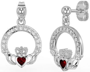 Diamond Garnet White Gold Claddagh Dangle Earrings