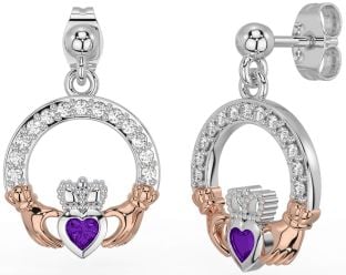 Diamond Amethyst White Rose Gold Claddagh Dangle Earrings