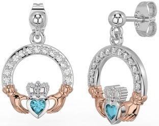 Diamond Aquamarine White Rose Gold Claddagh Dangle Earrings