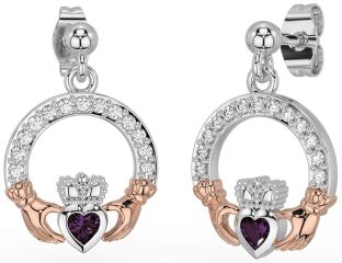 Diamond Alexandrite White Rose Gold Claddagh Dangle Earrings