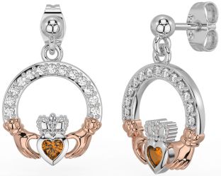 Diamond Citrine White Rose Gold Claddagh Dangle Earrings
