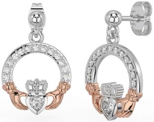 Diamond White Rose Gold Claddagh Dangle Earrings