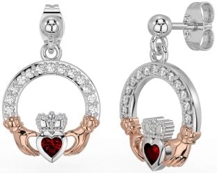 Diamante Granato Bianco Rosa Oro Claddagh Penzolare Orecchini